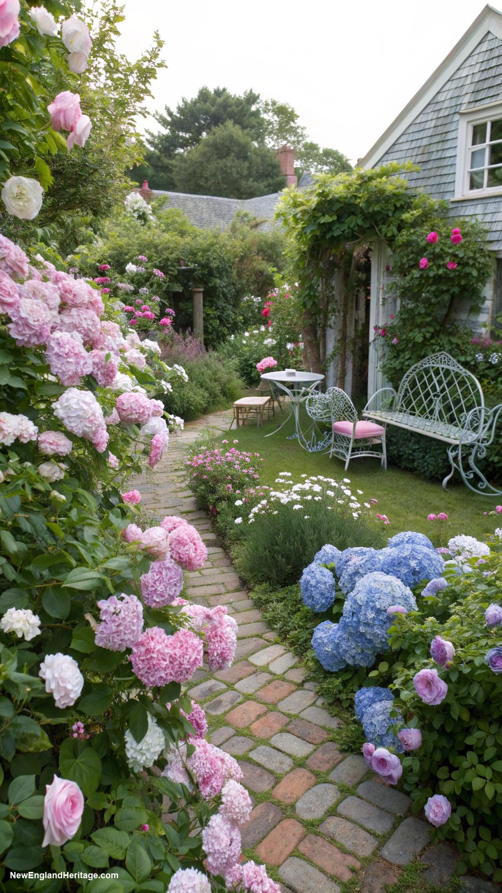 english cottage style Lush garden with blooming roses and hydrangeas