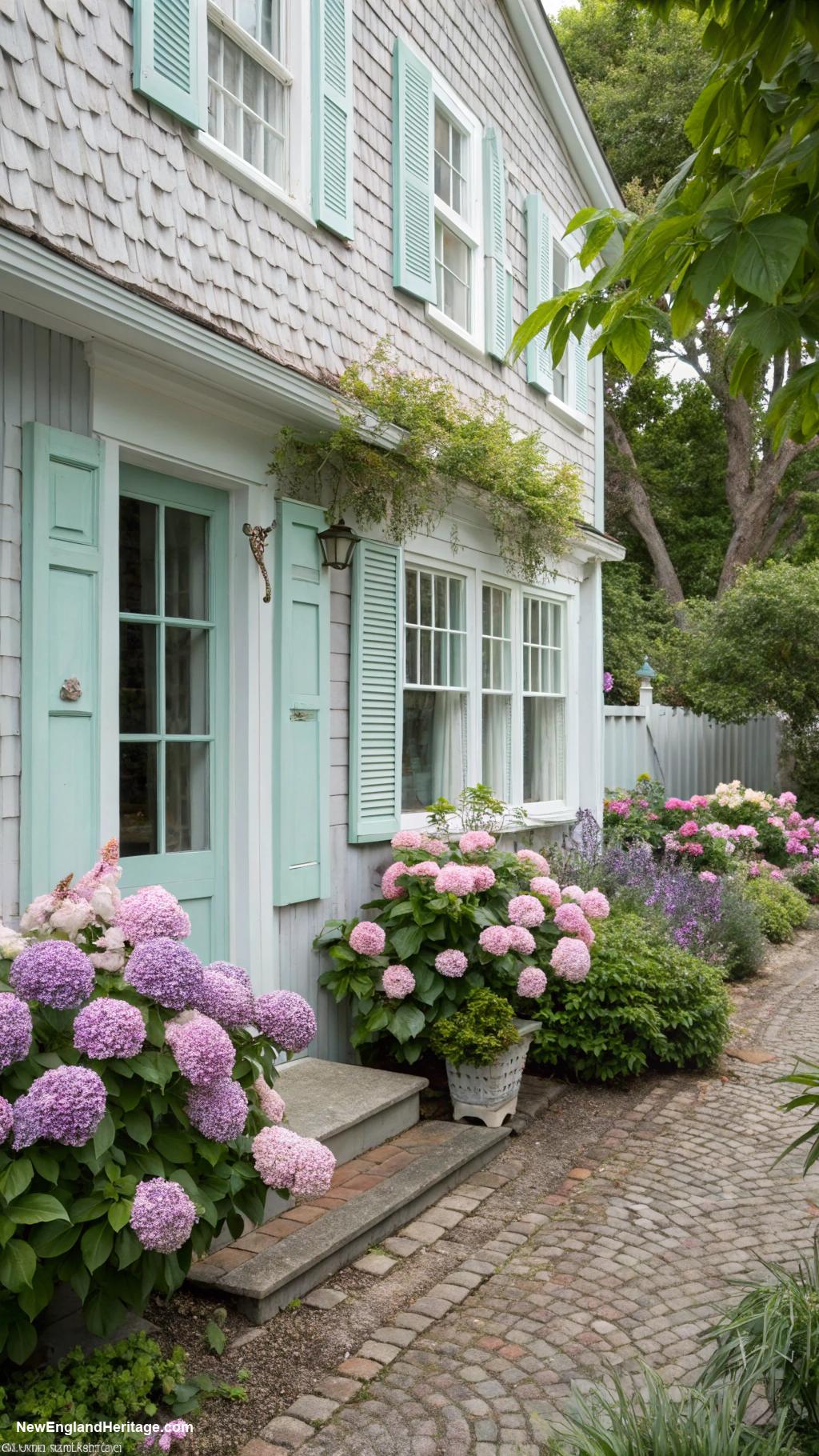 english cottage style Pastel painted shutters on windows