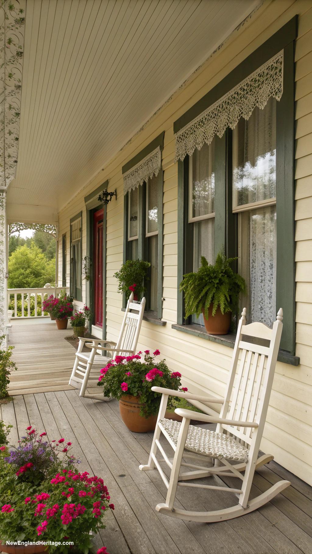 english cottage style Quaint wooden porch with rocking chairs