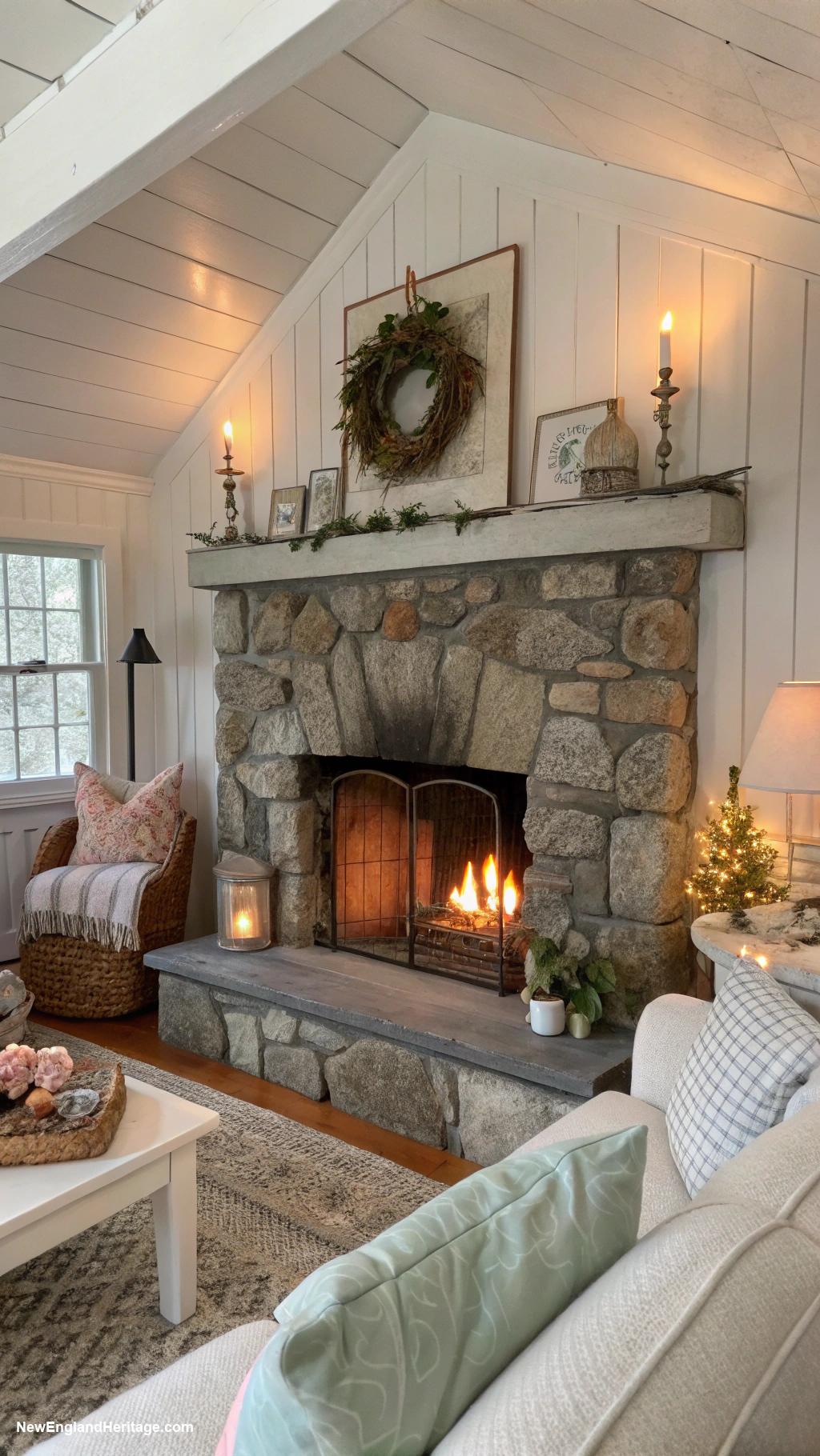 english cottage style Stone fireplace as a focal point