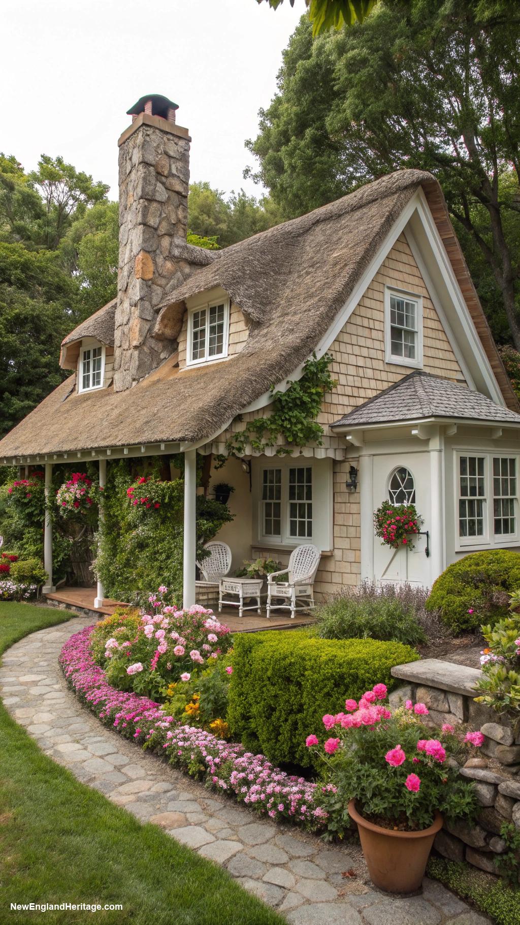 english cottage style Thatched roof with stone chimney