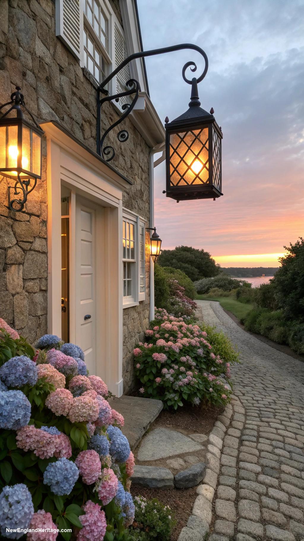 english cottage style Vintage lanterns hanging outside for ambiance