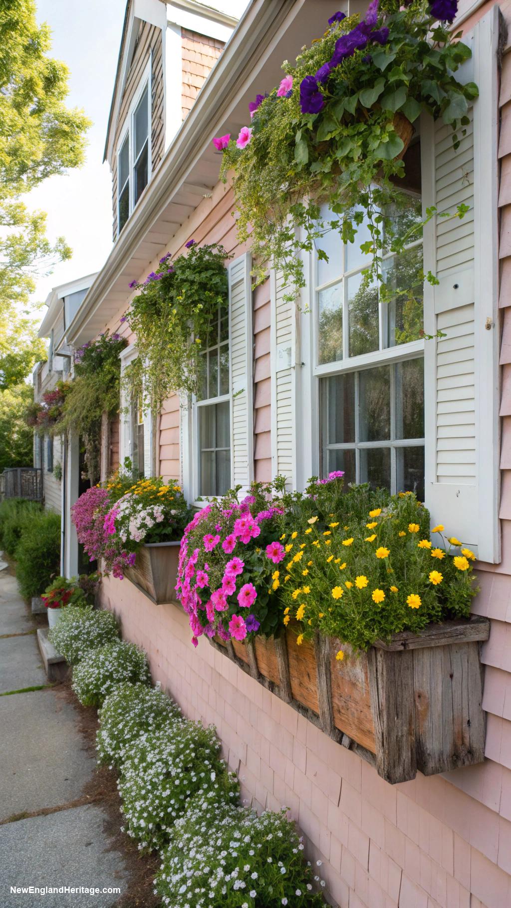 english cottage style Window boxes filled with colorful flowers