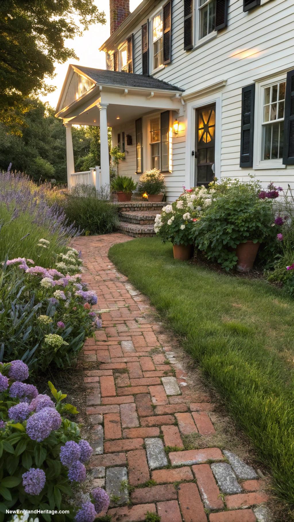 english cottage style Worn brick path leading to entrance