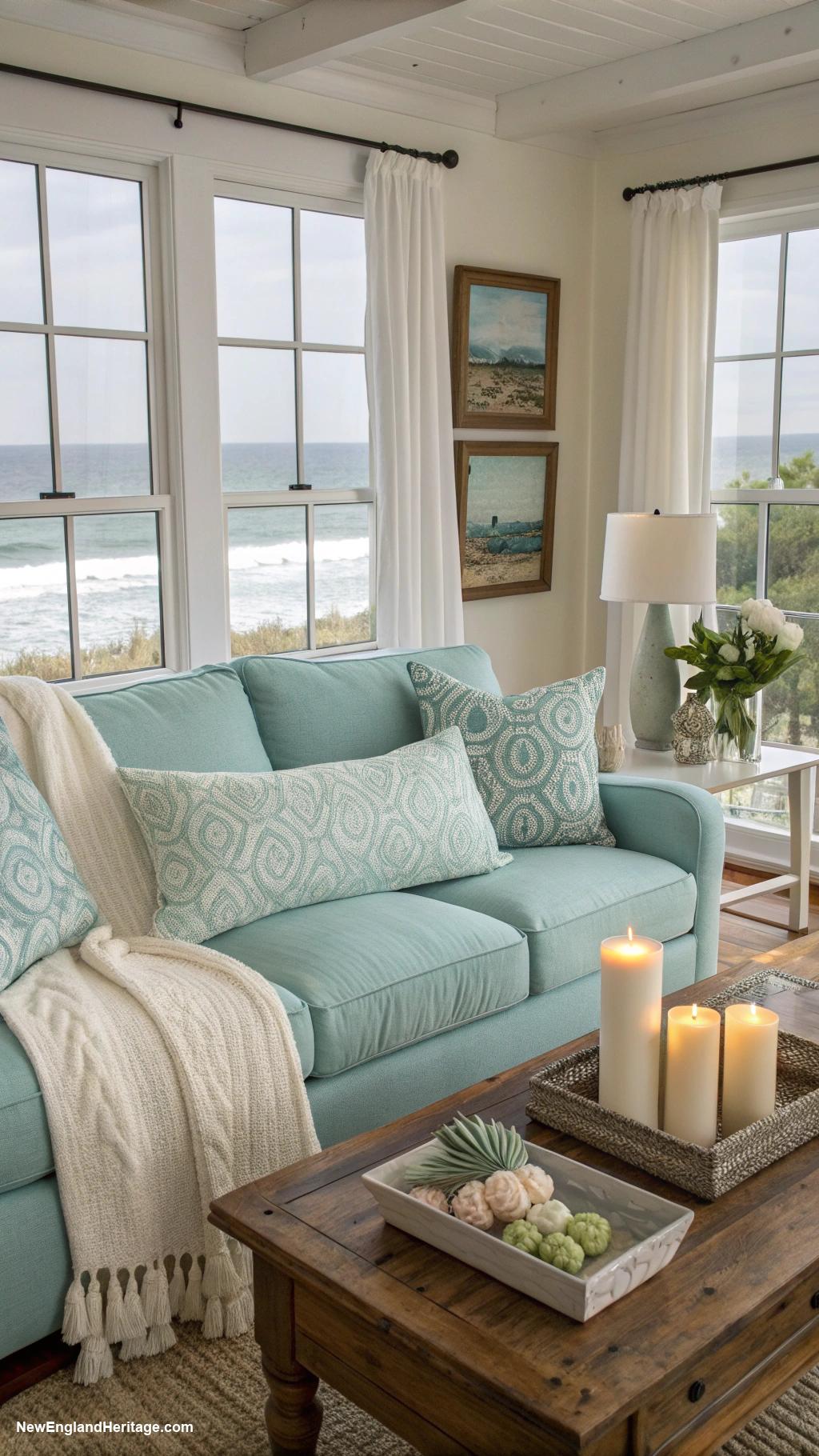 living rooms with blue sofa Aqua sofa surrounded by coastal decor