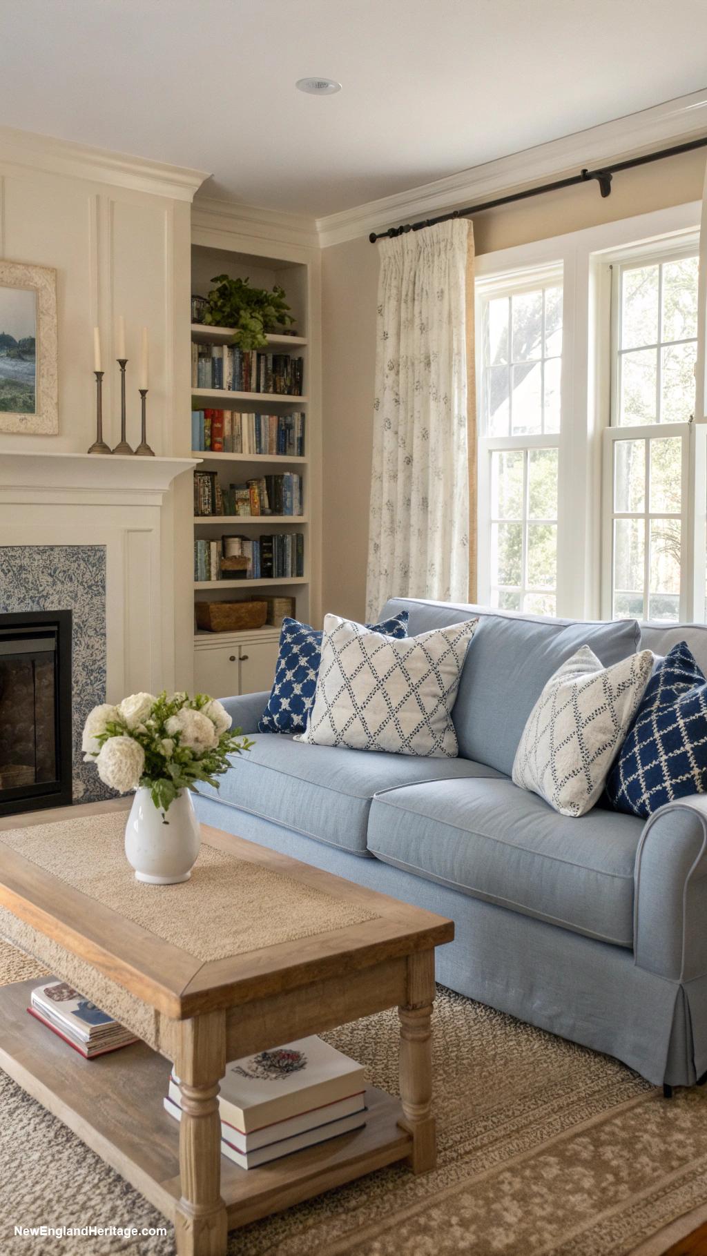 living rooms with blue sofa Dusty blue sofa contrasting with beige walls