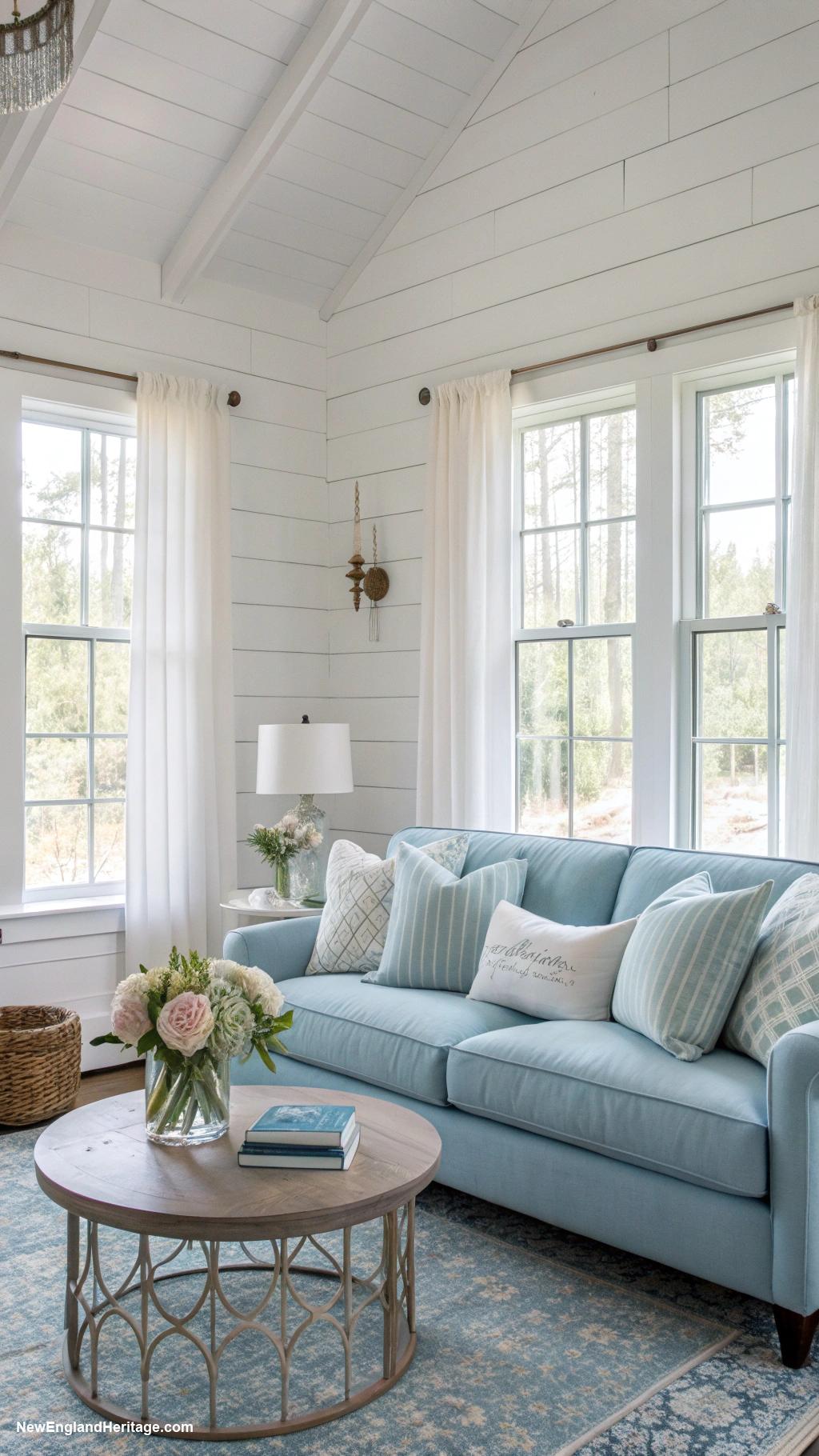 living rooms with blue sofa Light blue sofa with white shiplap walls
