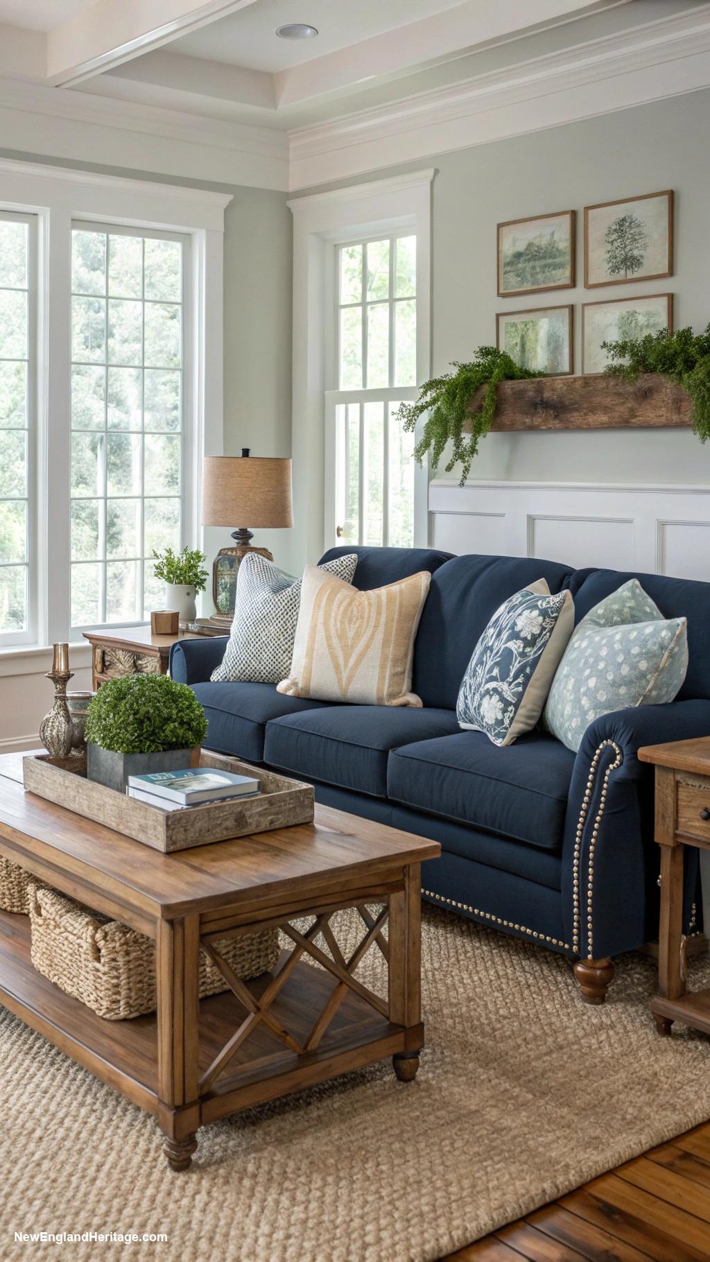 living rooms with blue sofa Navy sofa paired with warm wood accents