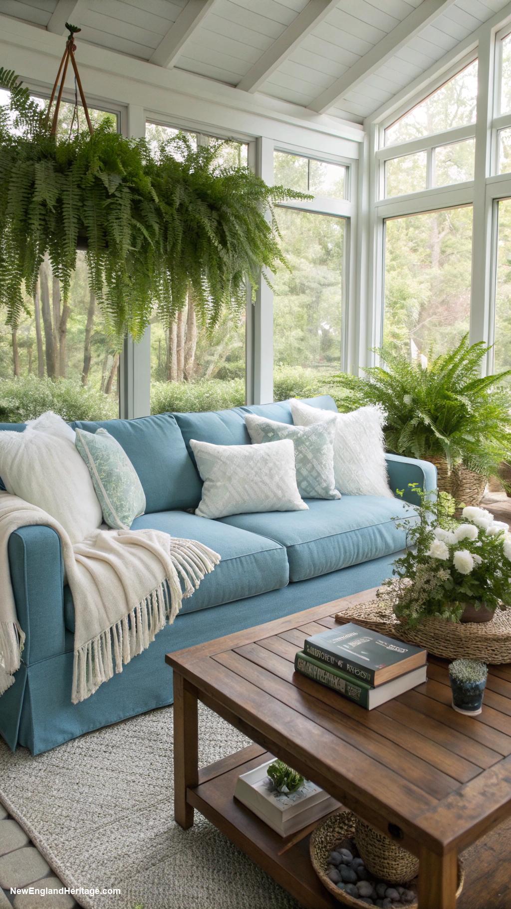 living rooms with blue sofa Ocean blue sofa in sunroom with greenery