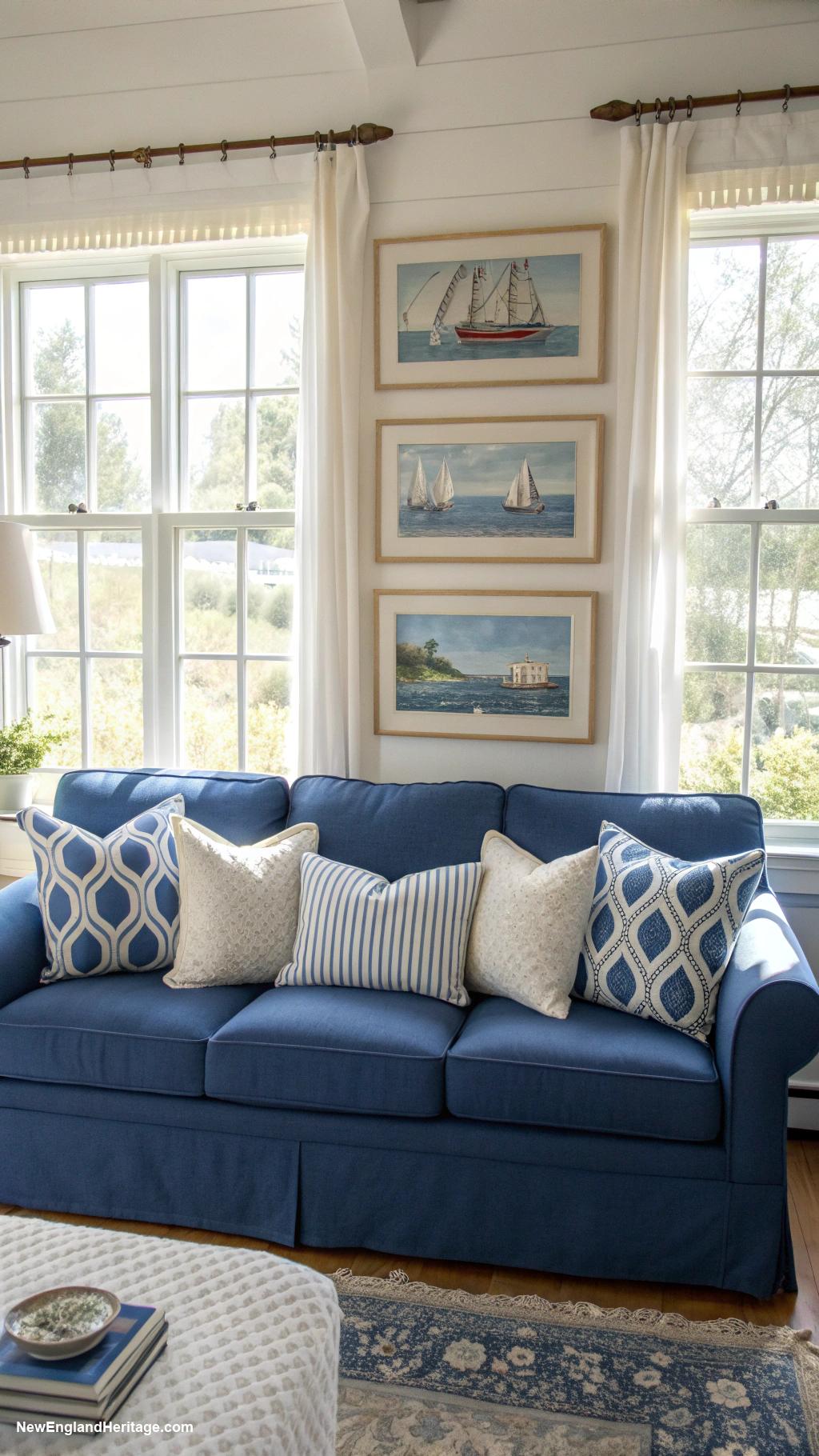 living rooms with blue sofa Royal blue sofa accented with nautical artwork