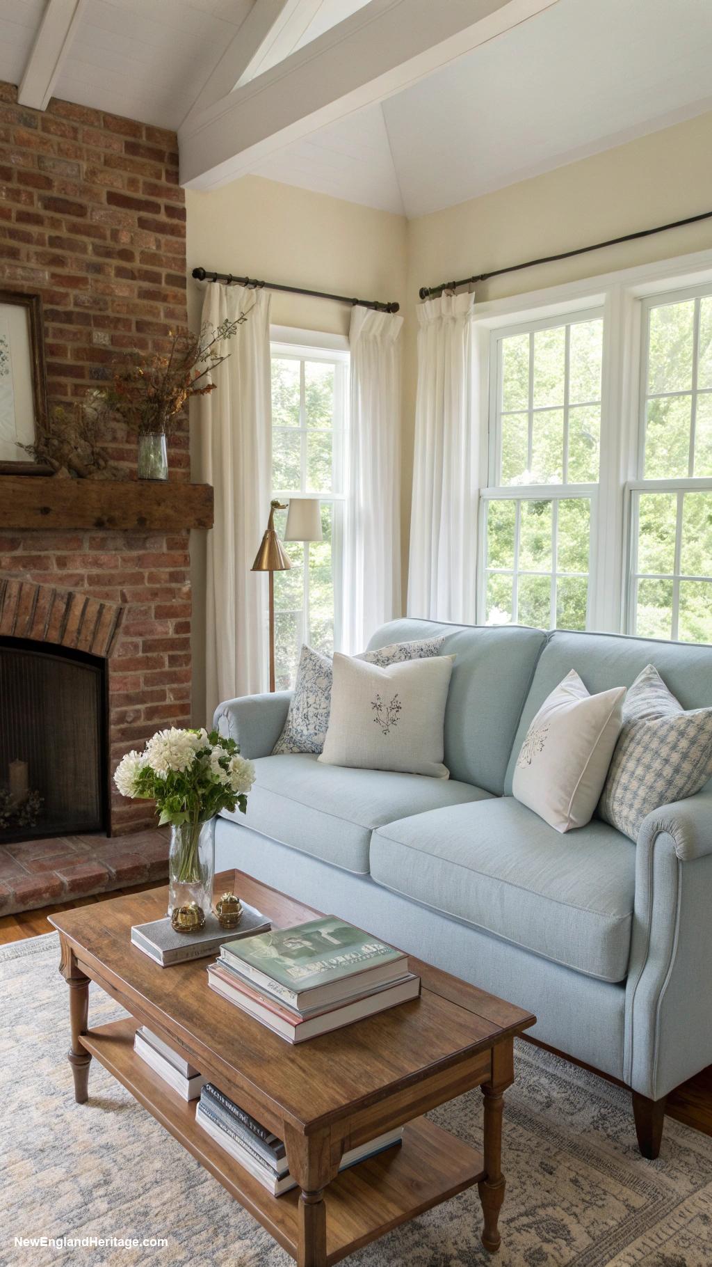 living rooms with blue sofa Sky blue sofa against brick fireplace