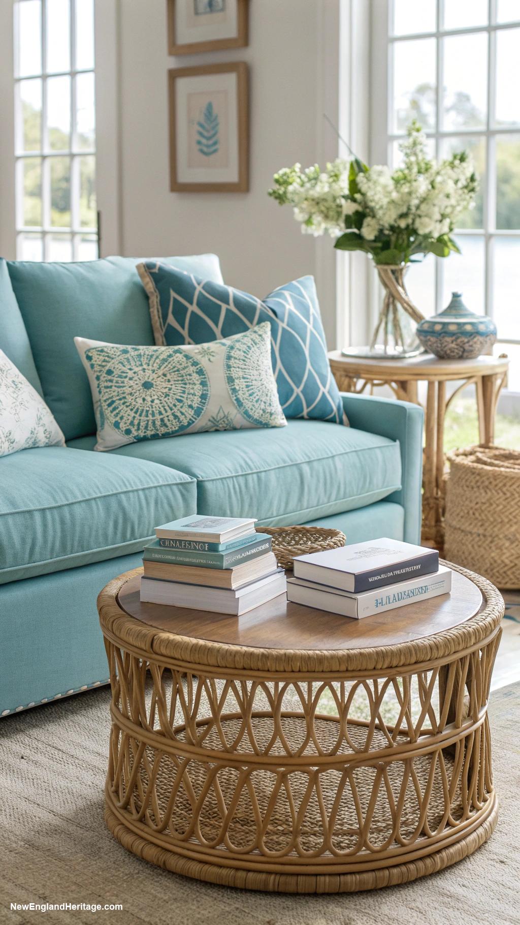 living rooms with blue sofa Teal sofa stylishly matched with rattan coffee table