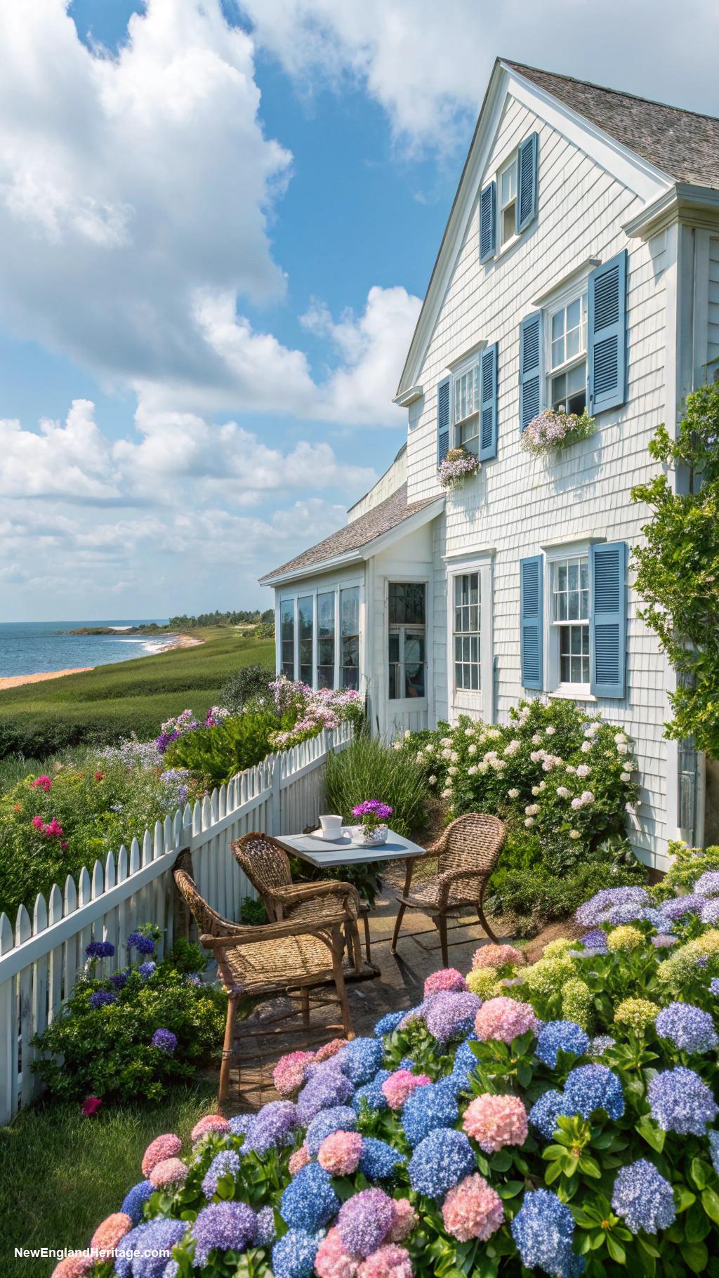 nantucket cottages Charming white clapboard with blue shutters