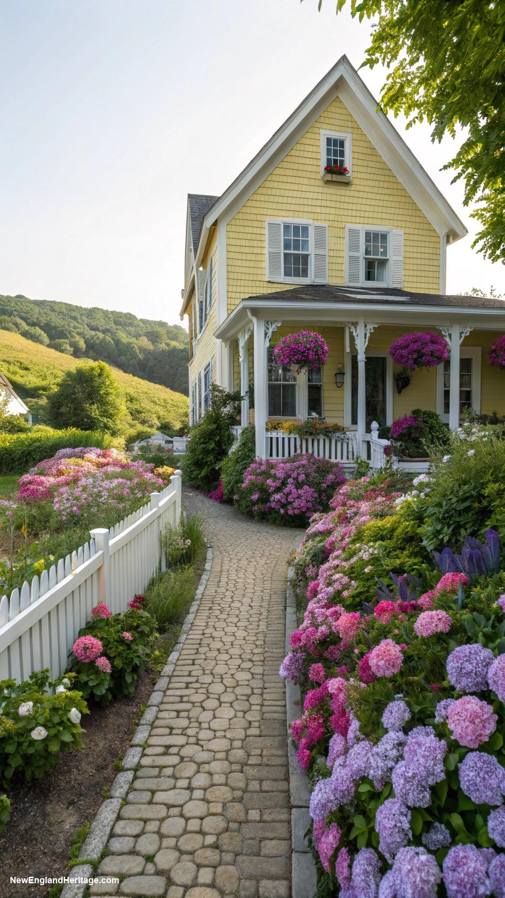 nantucket cottages Sunny yellow cottage with garden path