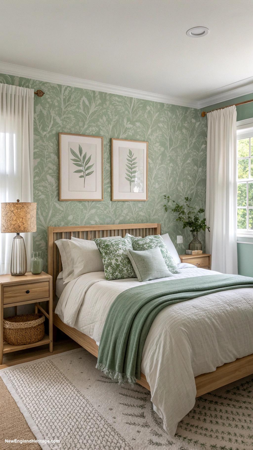 sage green bedrooms Accent wall with textured sage wallpaper