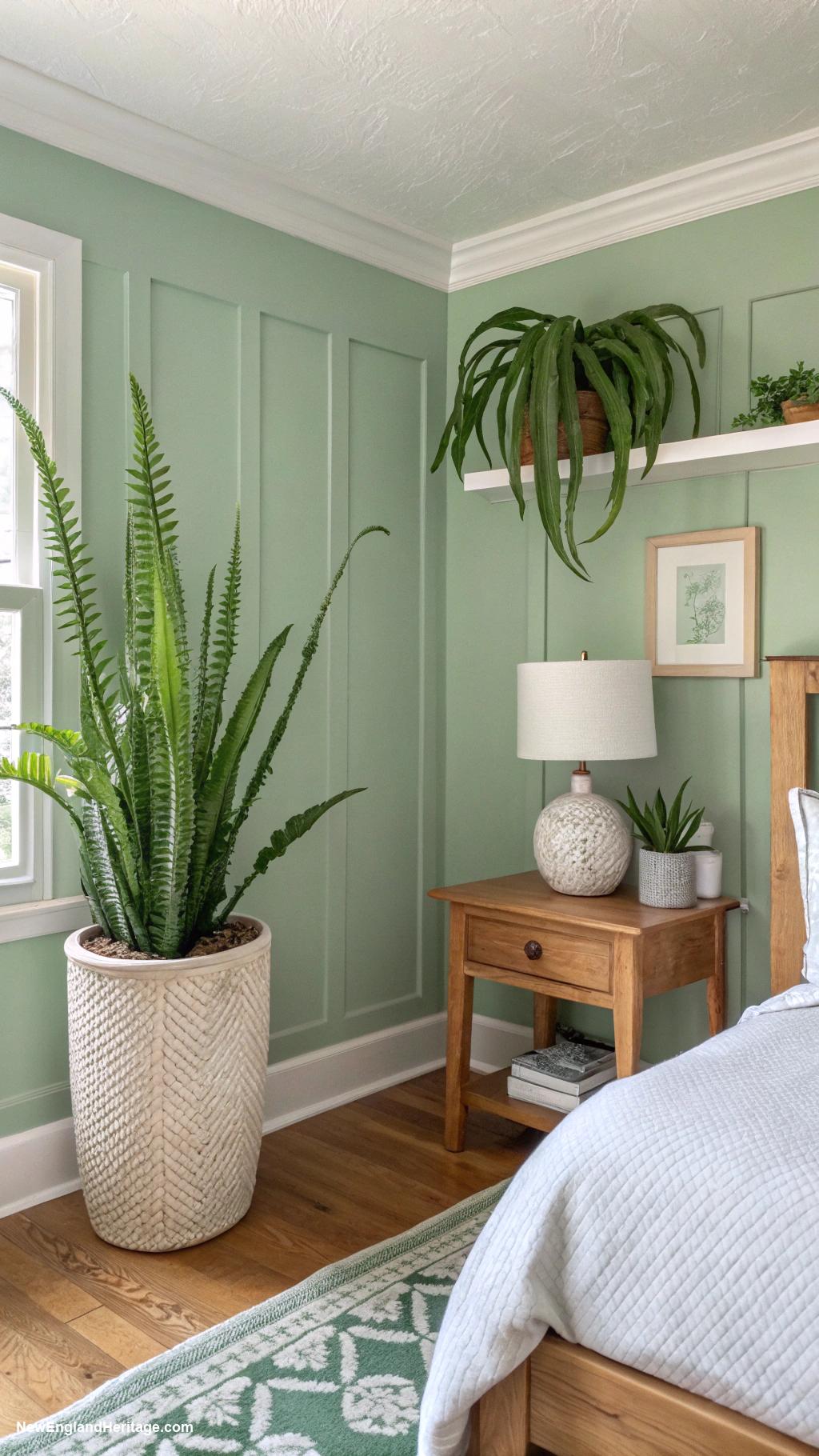 sage green bedrooms Indoor plants complementing sage color scheme
