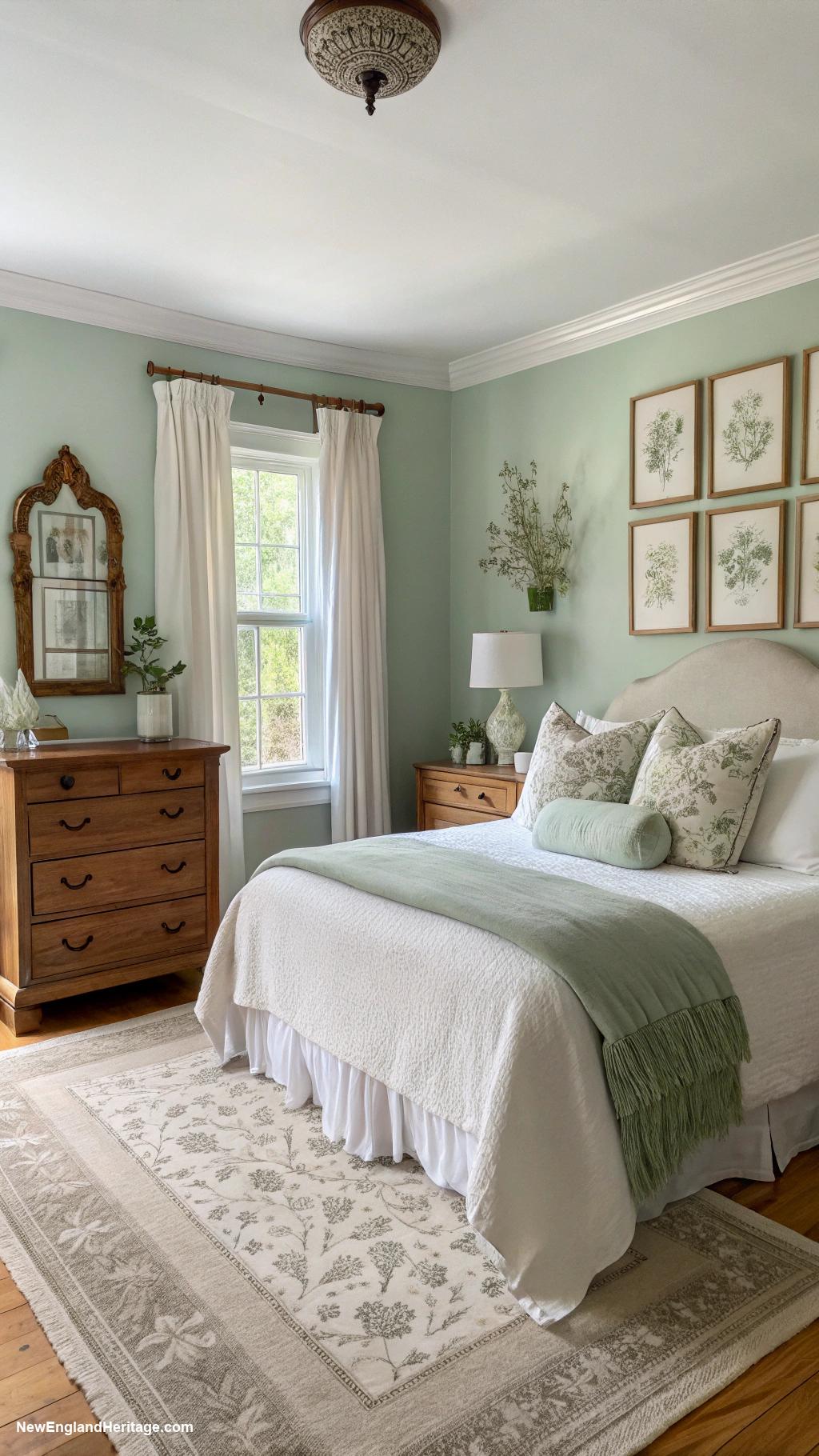 sage green bedrooms Soft sage walls with white trim accents