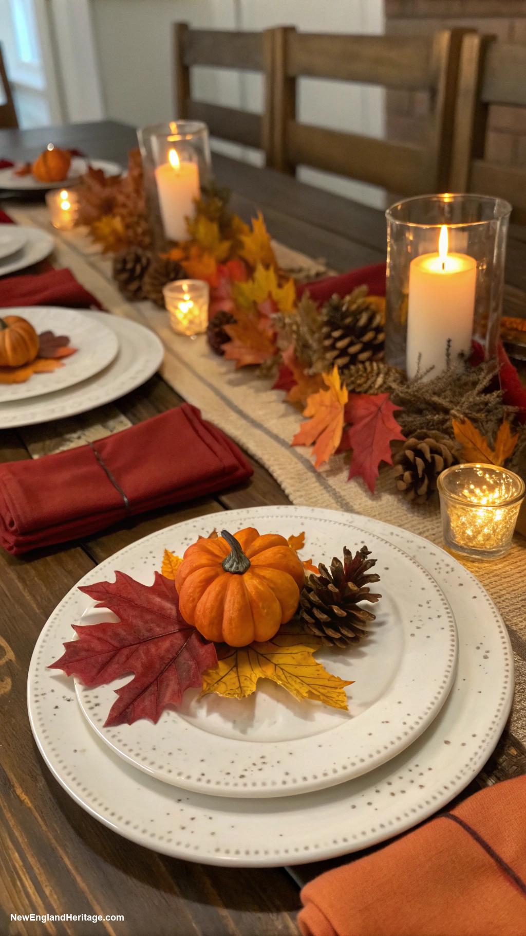 table setting ideas Autumn leaves and pinecones on plates