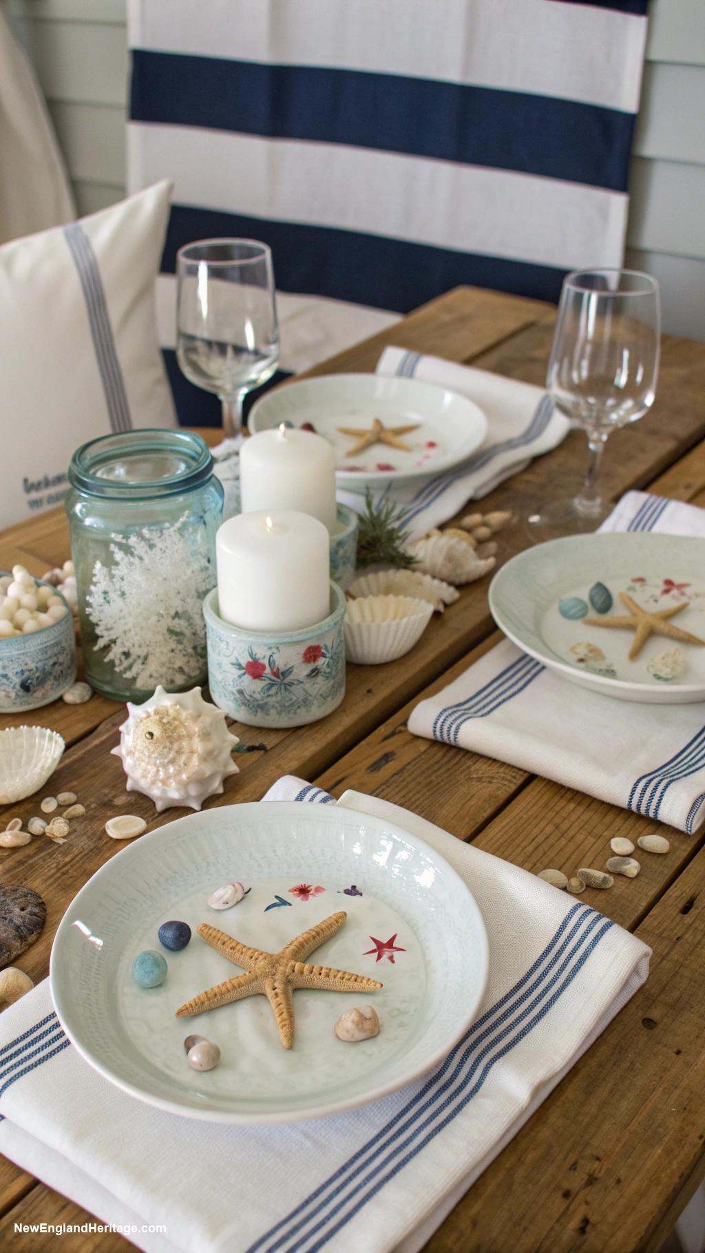 table setting ideas Nautical stripes with seashell centerpieces