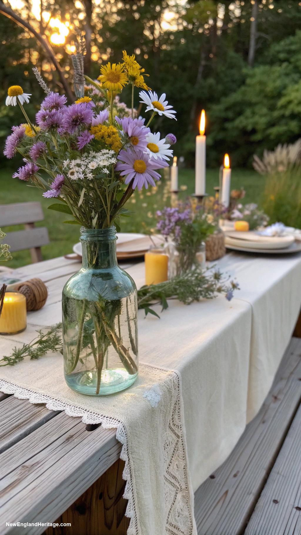 table setting ideas Vintage glass bottles with wildflowers