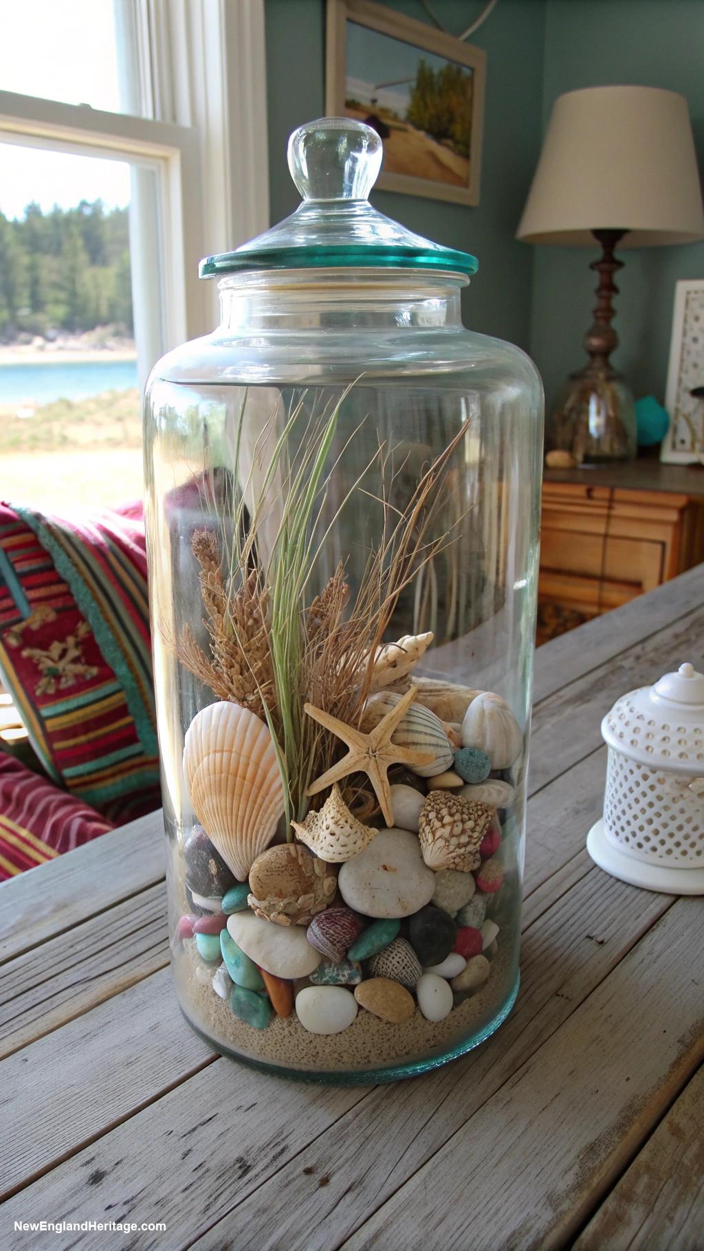 vintage lake house decor Glass jars filled with lake treasures