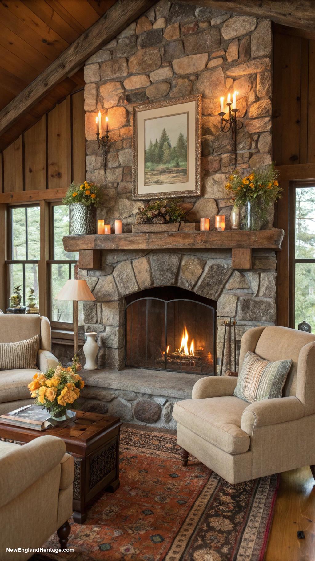 vintage lake house decor Rustic stone fireplace for focal point