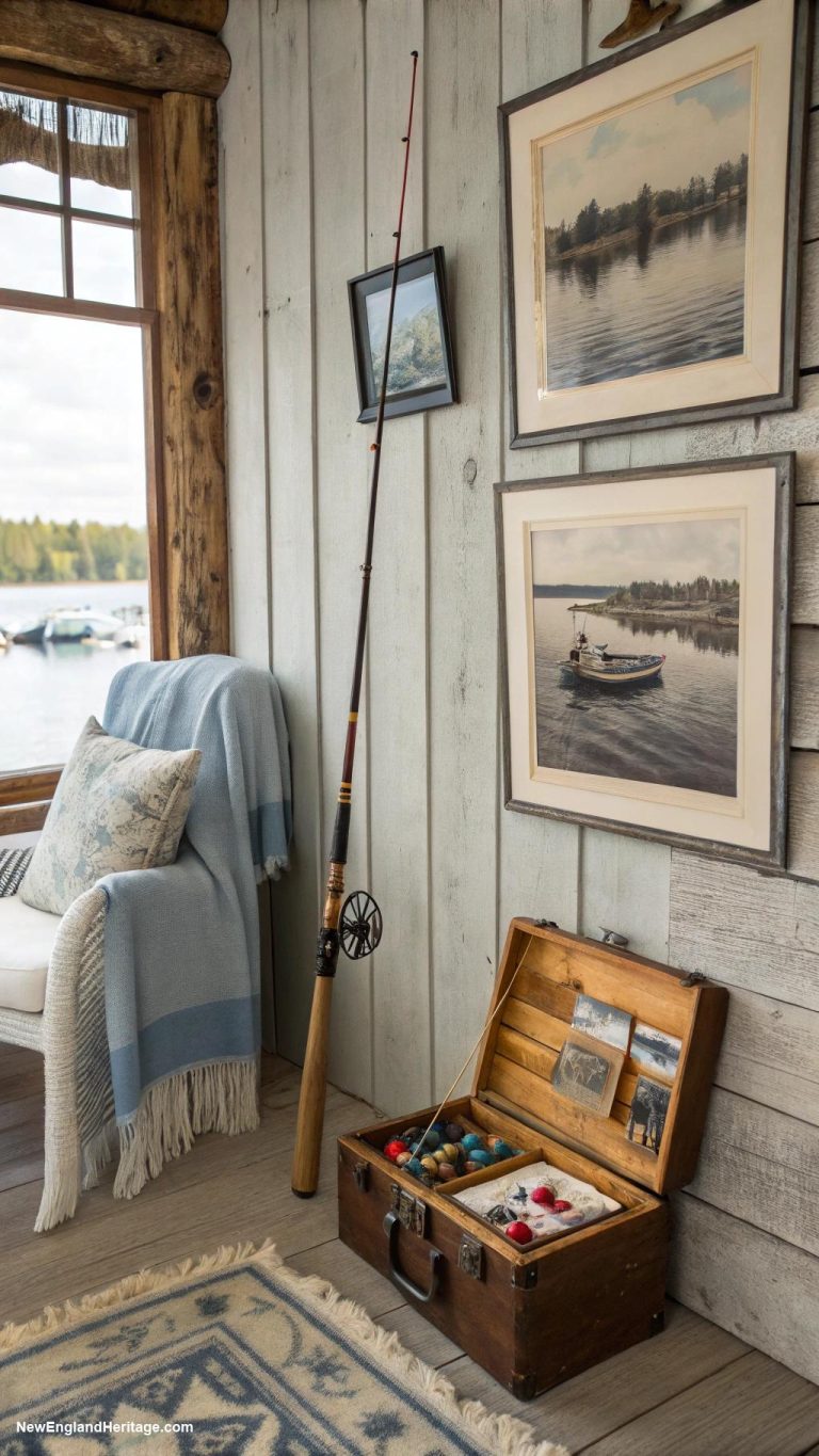 vintage lake house decor Vintage fishing gear as decor