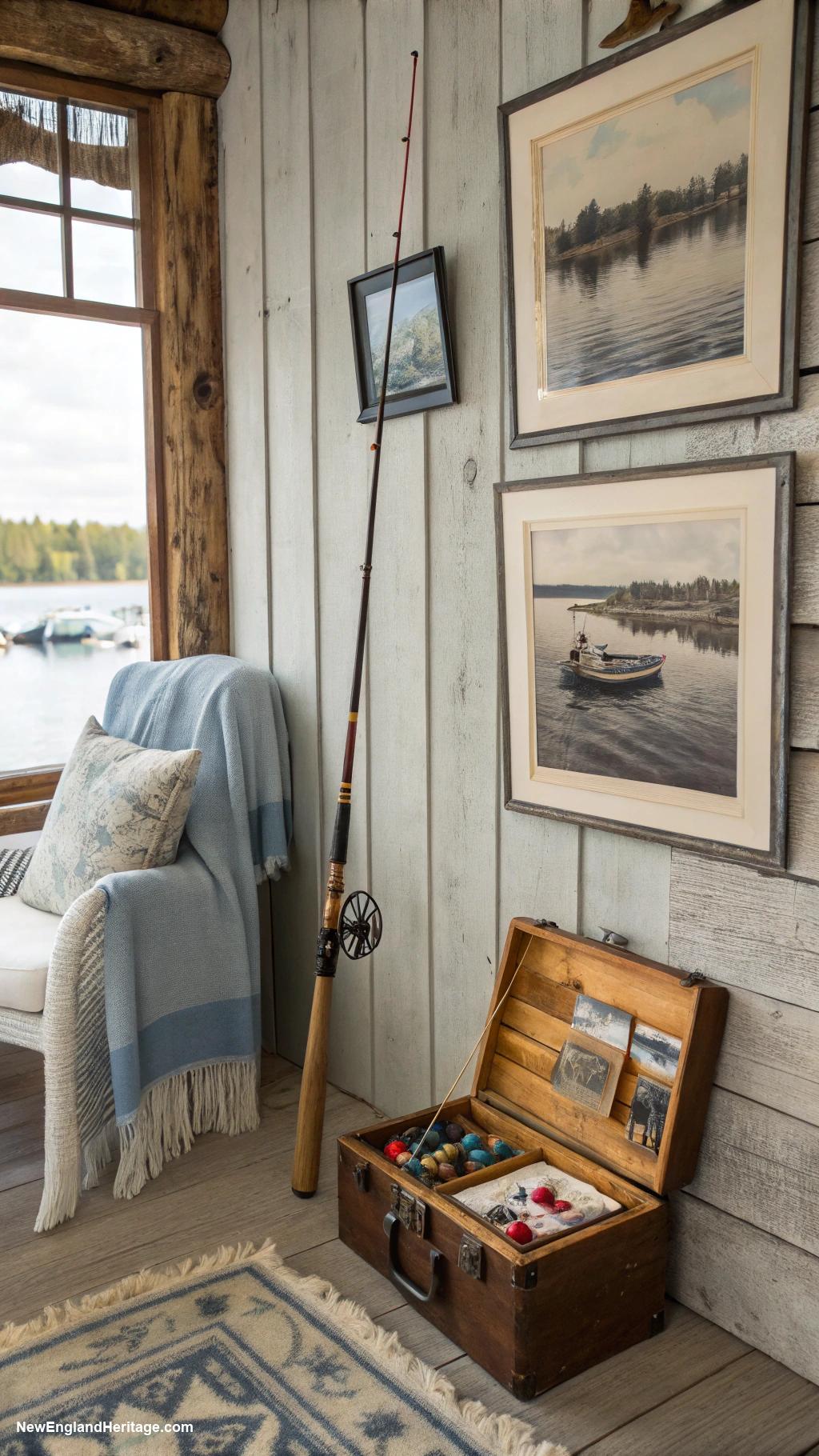 vintage lake house decor Vintage fishing gear as decor