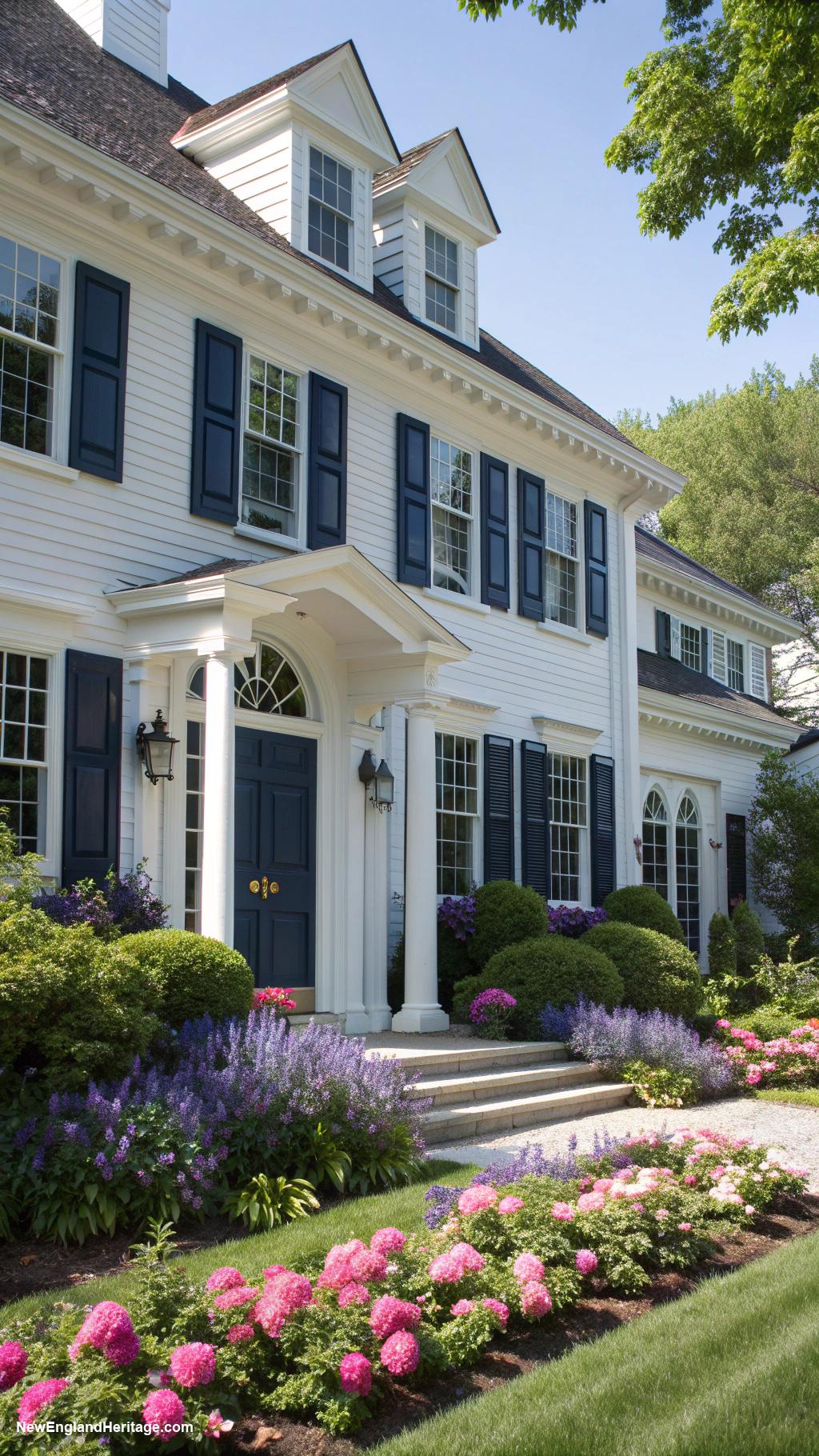 white houses with blue shutters Classic colonial with deep navy blue accents