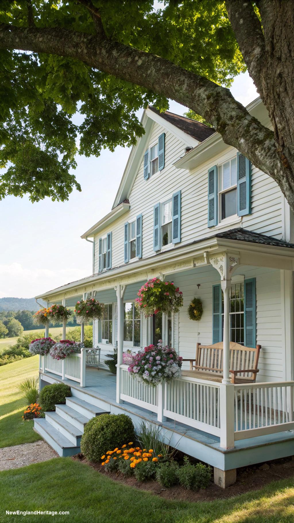 white houses with blue shutters Farmhouse with pastel blue shutters and porch