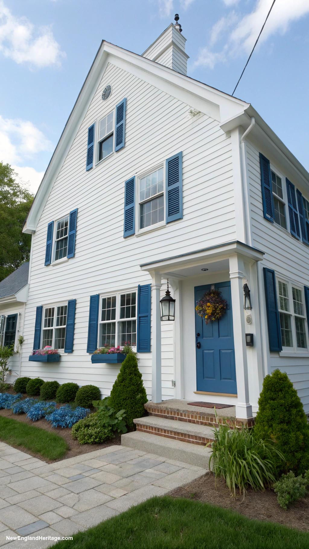 white houses with blue shutters Minimalist design featuring bold blue shutters