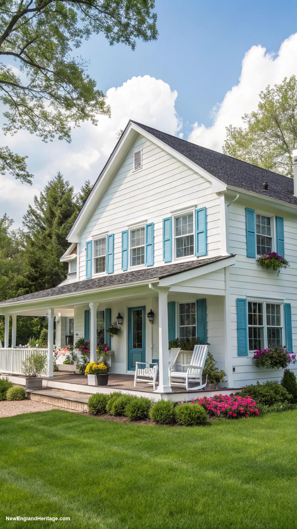 white houses with blue shutters Modern farmhouse with bright blue shutters