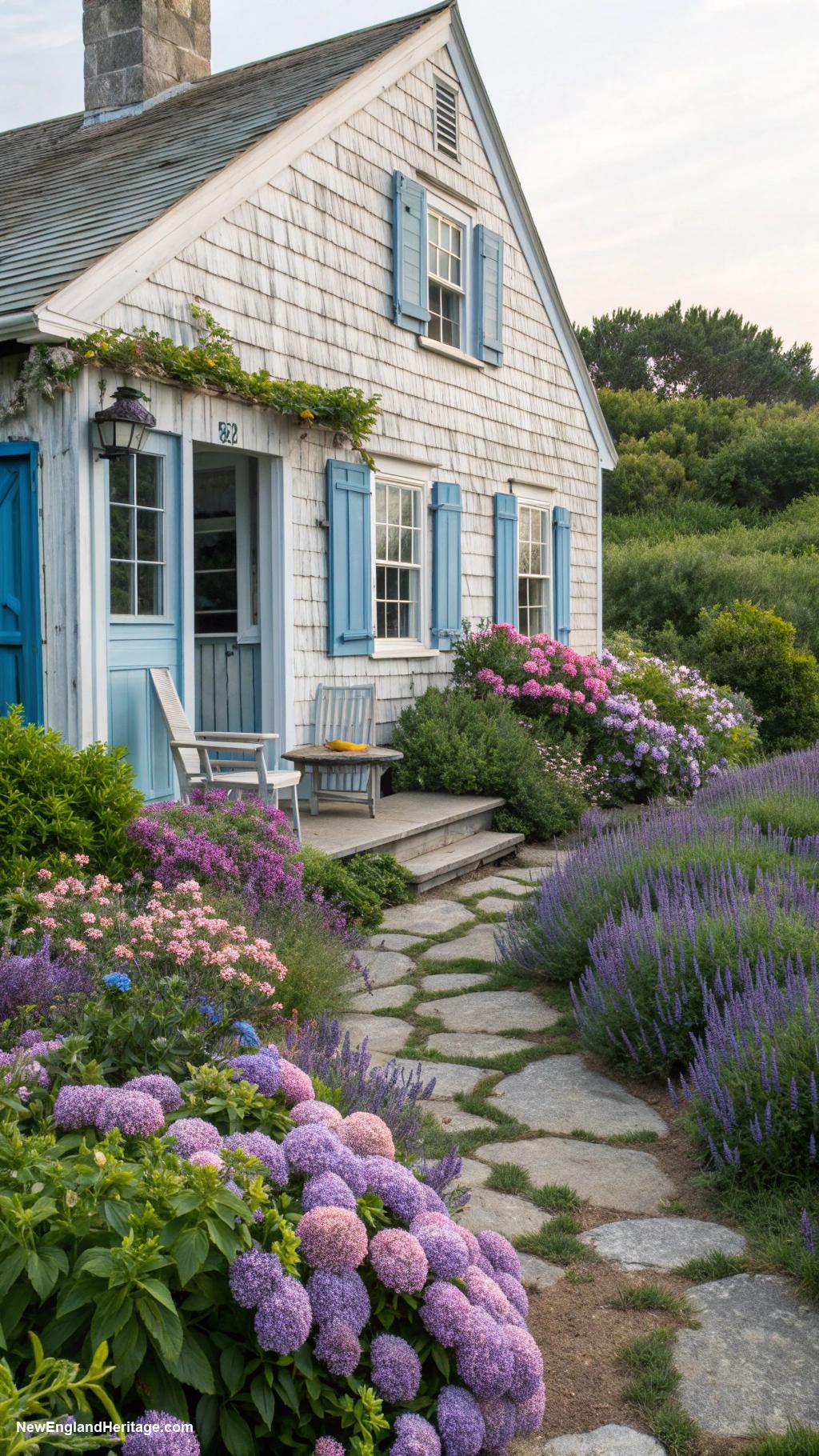 white houses with blue shutters Rustic cottage surrounded by blooming gardens