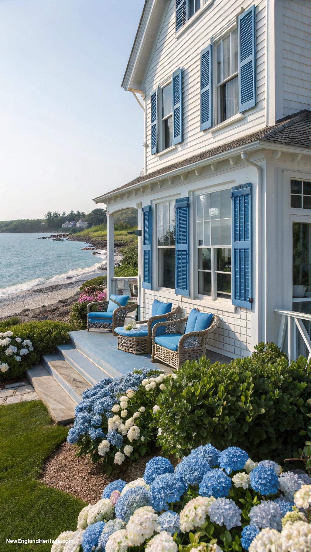 white houses with blue shutters Seaside retreat with ocean blue accents