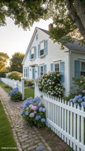 white houses with blue shutters Traditional New England charm with muted blue