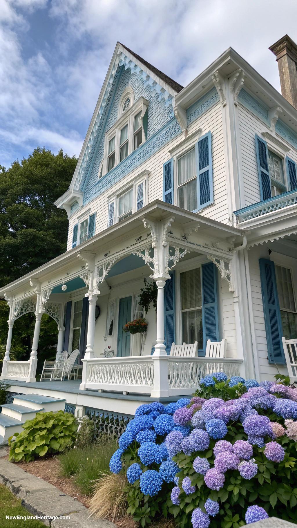 white houses with blue shutters Victorian elegance with sky blue trim