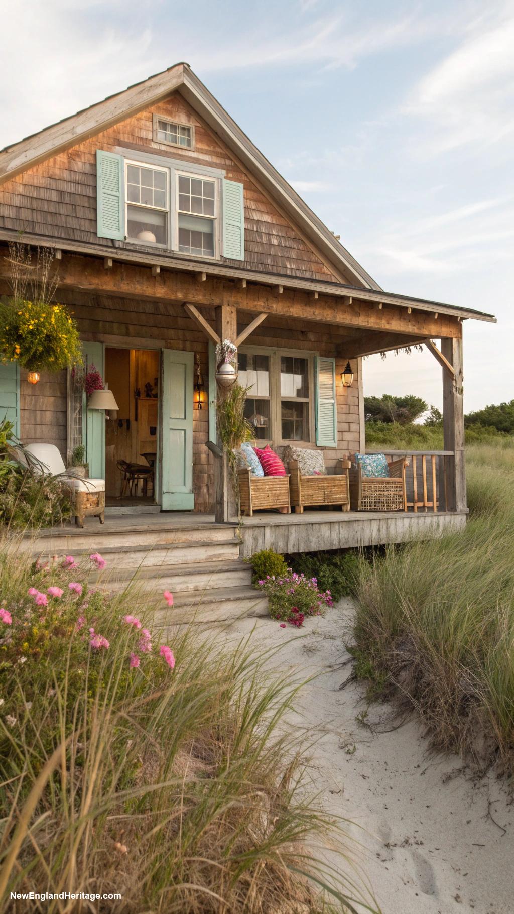 beachside bungalows Rustic bungalow with exposed beams and shutters