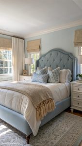 blue bedrooms Dusty blue tones paired with cream textiles