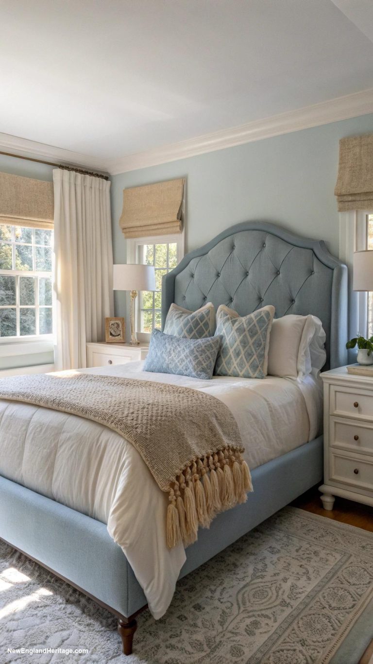 blue bedrooms Dusty blue tones paired with cream textiles