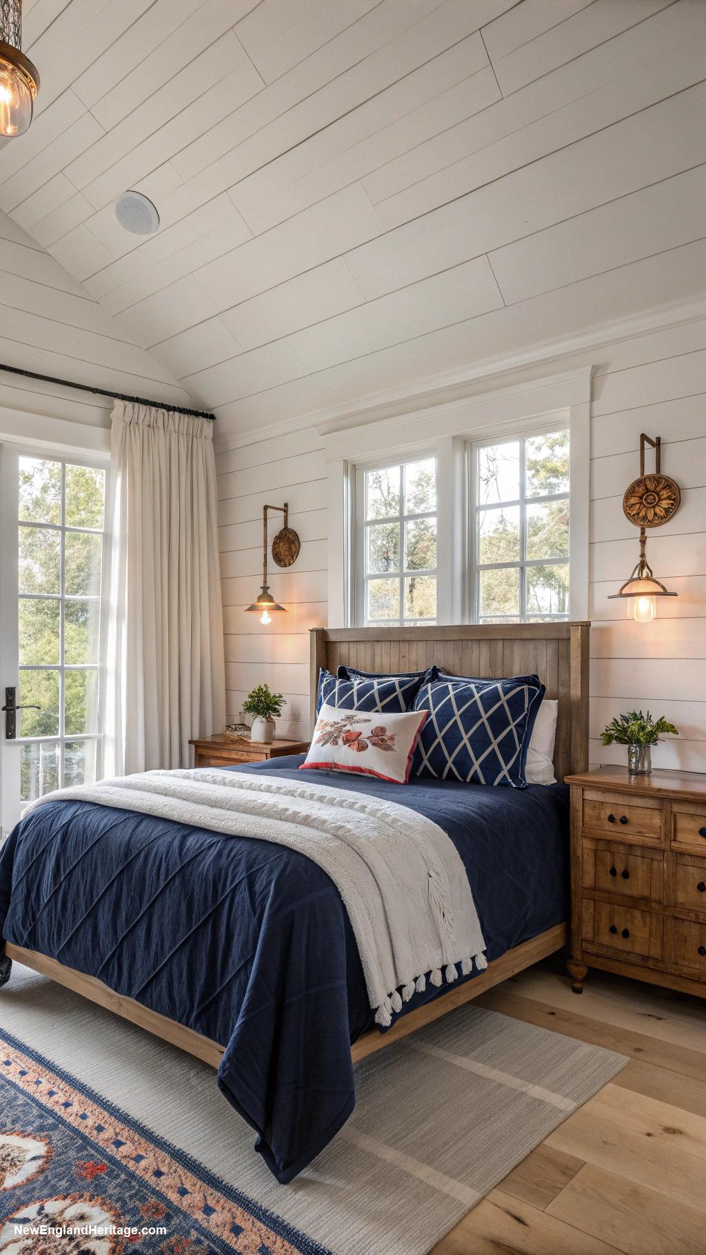 blue bedrooms Shiplap walls paired with navy bedding