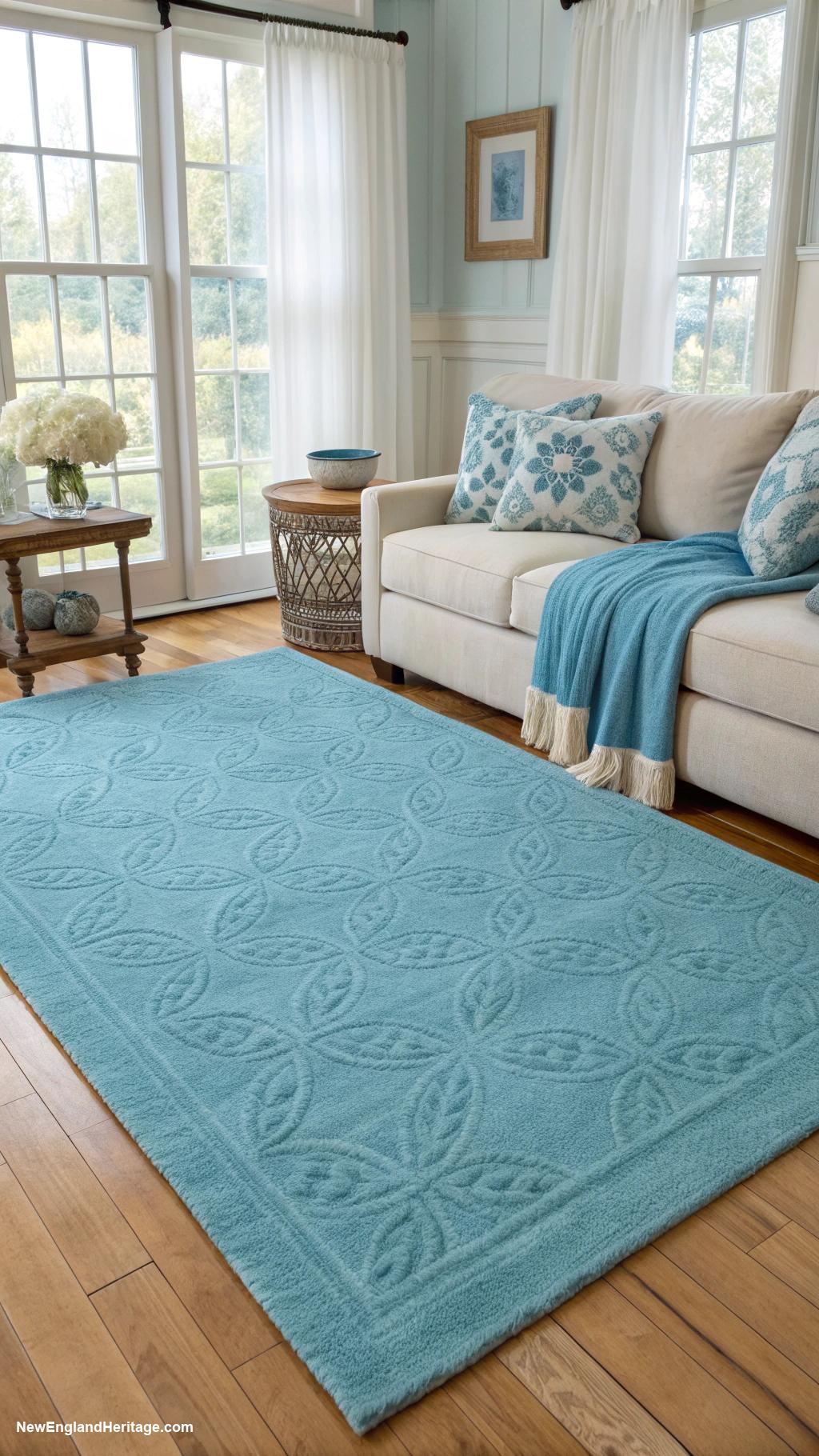 blue living rooms Bright blue rug over light hardwood flooring