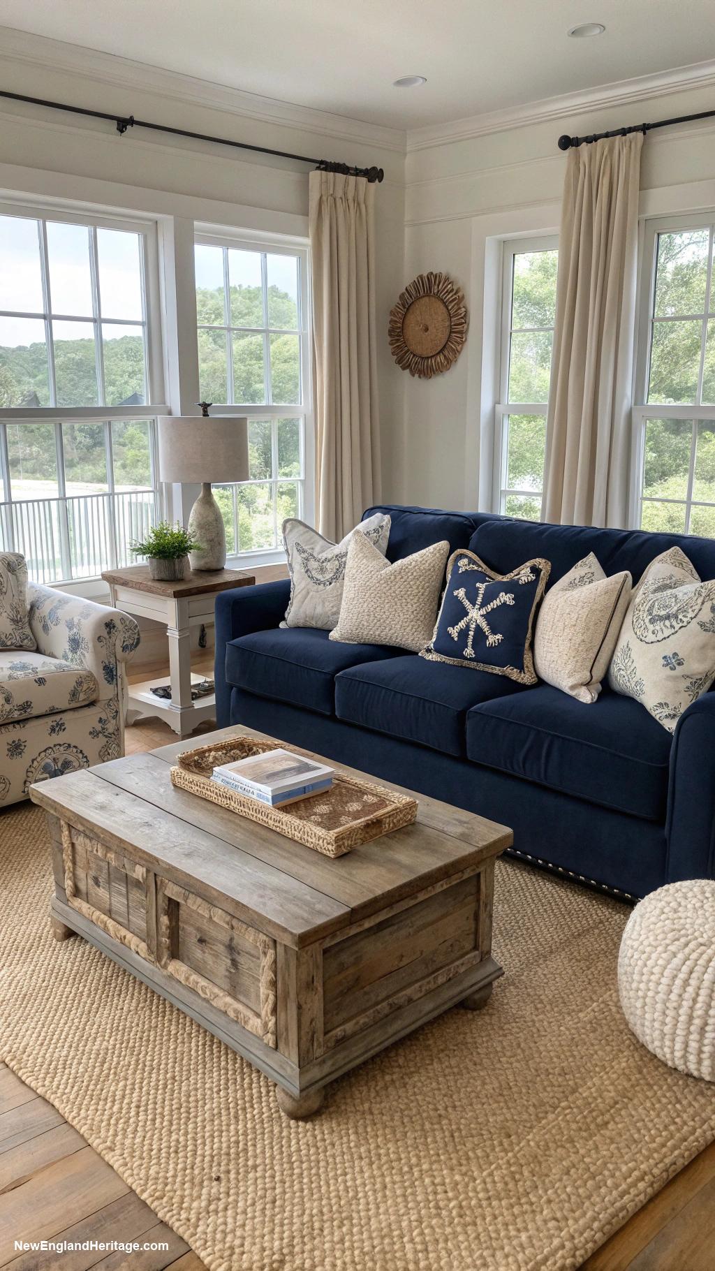 blue living rooms Navy furniture with coastal decor touches