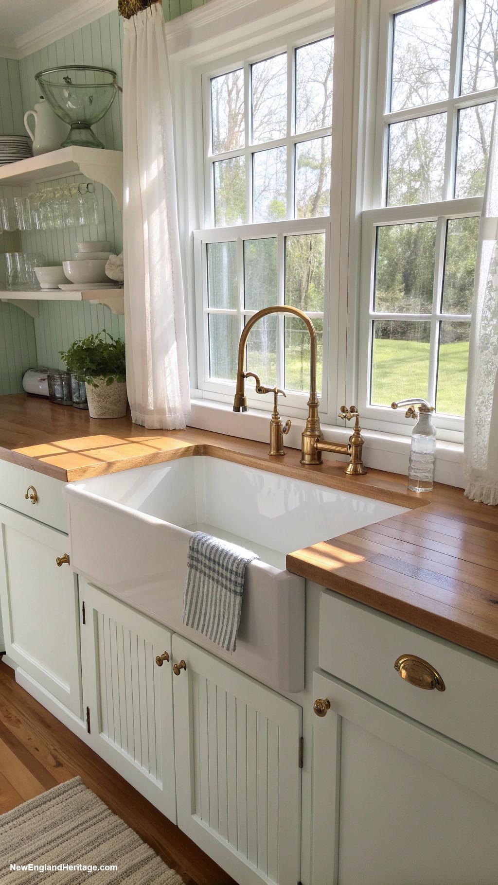 classic coastal kitchens Farmhouse sink with vintage fixtures