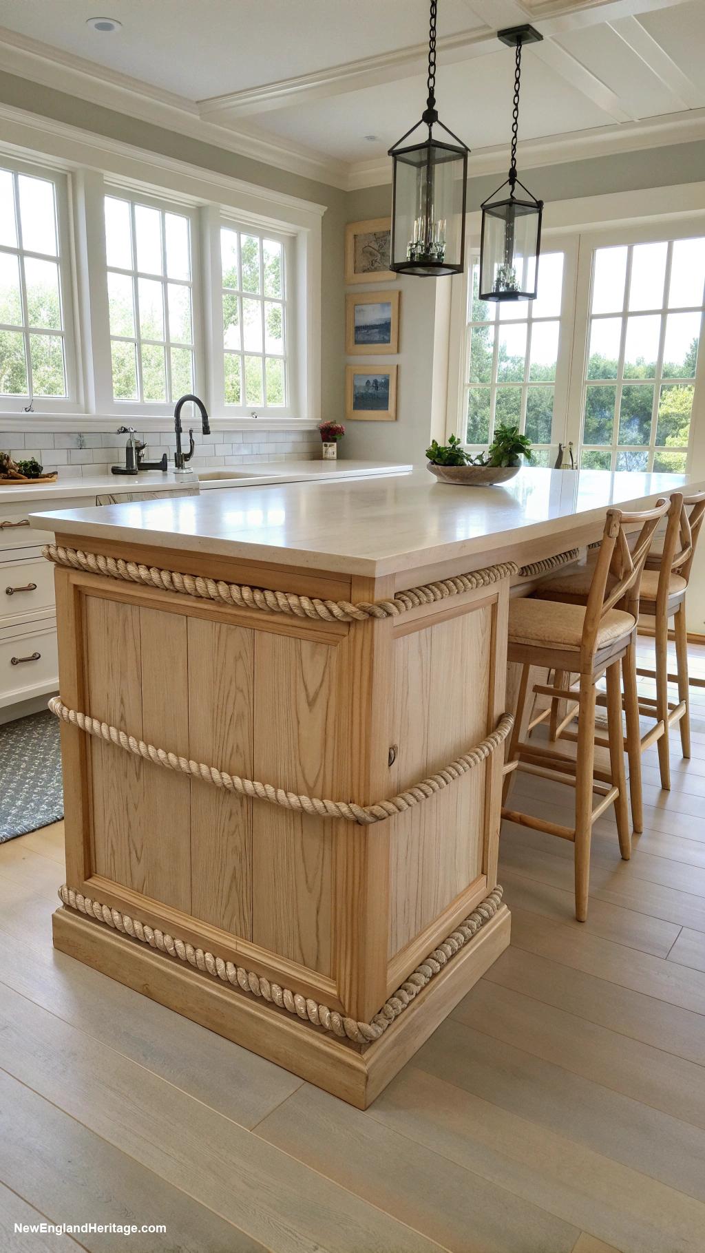 classic coastal kitchens Light wood island with sailors rope detailing