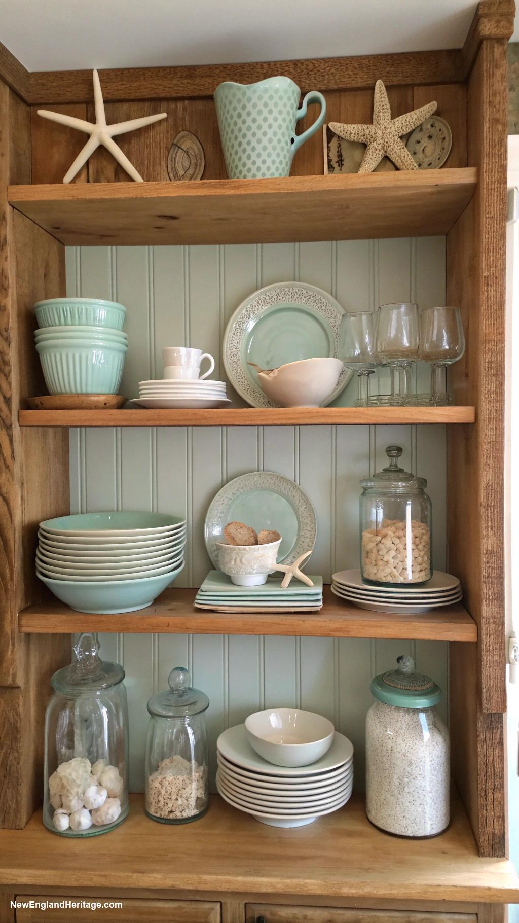 classic coastal kitchens Open shelving with beach inspired dishware