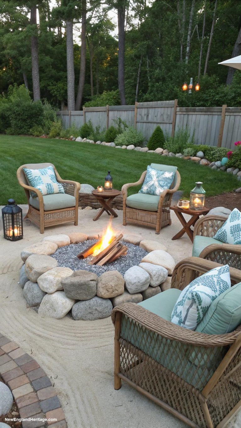 coastal backyard ideas Sand based fire pit area