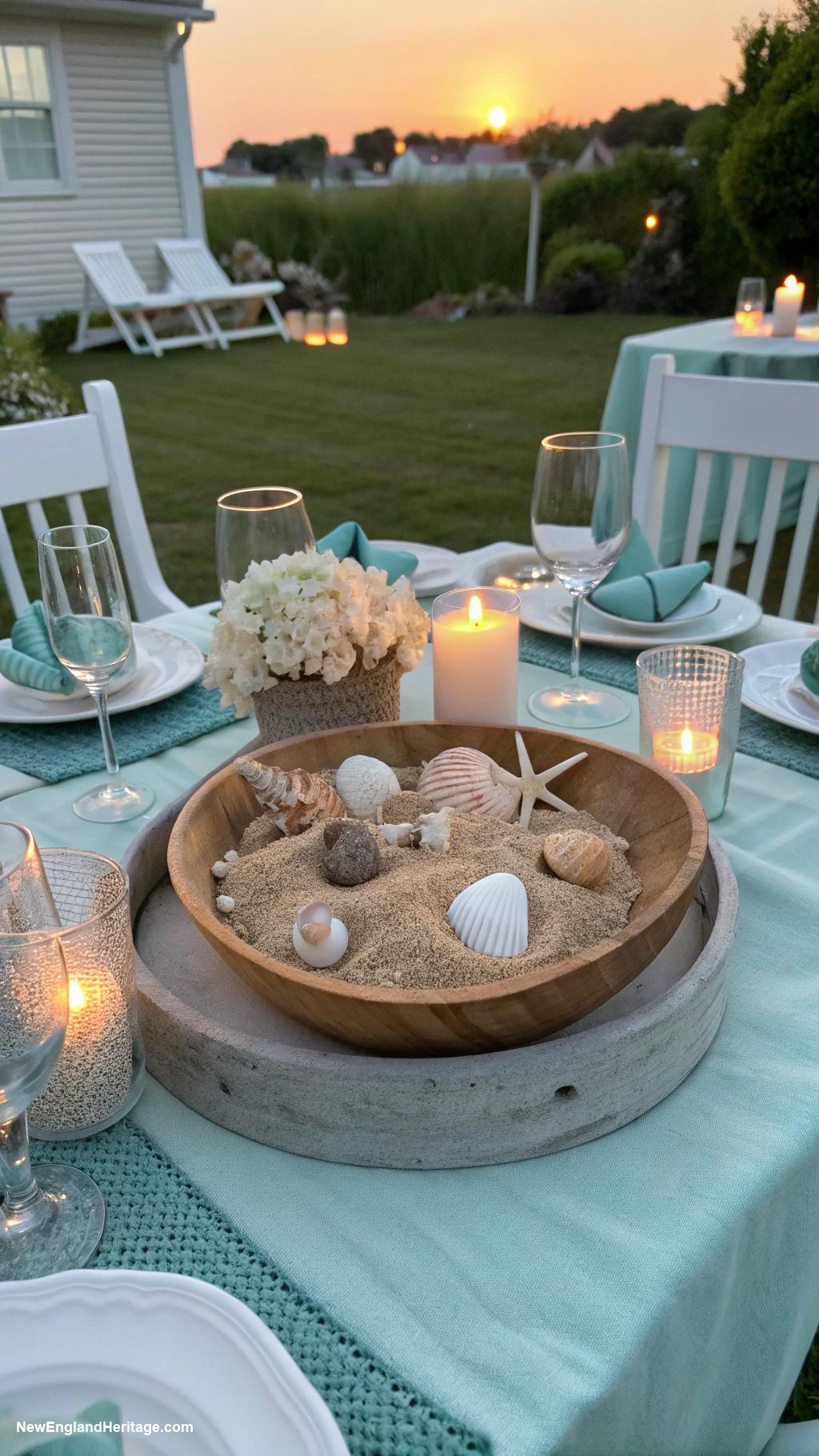 coastal backyard ideas Seashell decor on outdoor tables