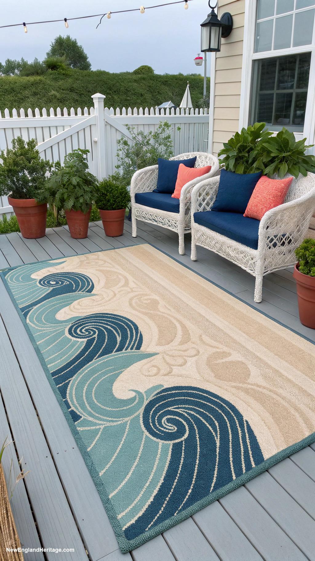 coastal backyard ideas Wave patterned outdoor rugs