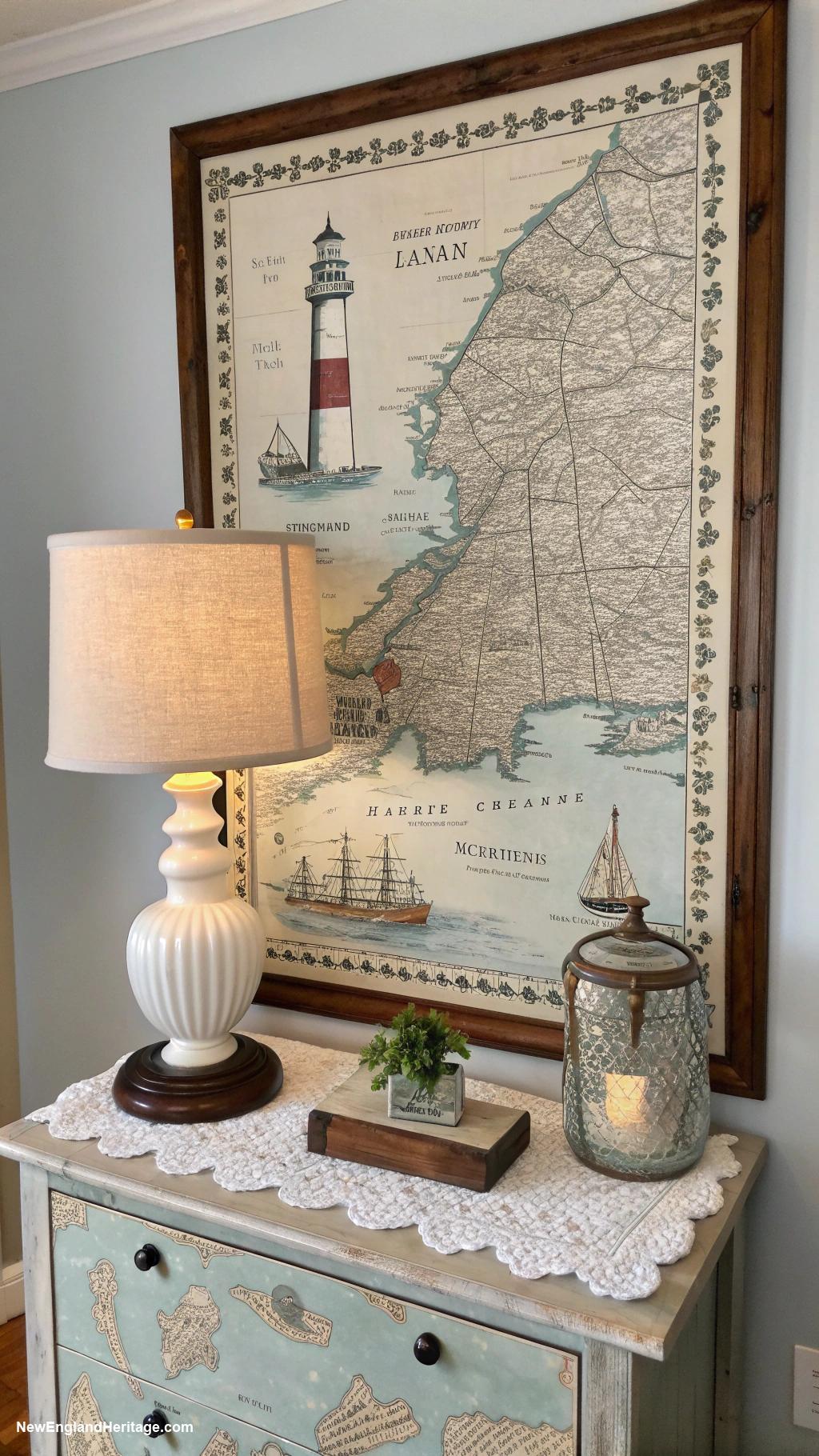 coastal nightstand decor Framed nautical map as backdrop