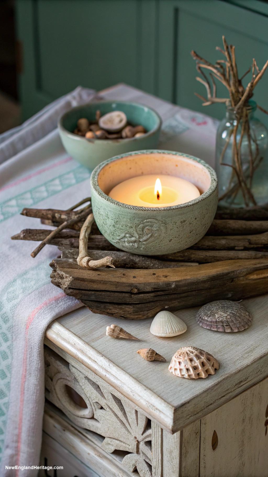 coastal nightstand decor Ocean scented candle in a ceramic bowl